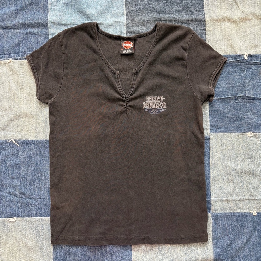 harley davidson vintage black t shirt faded y2k v cut neck biker grunge XL USA